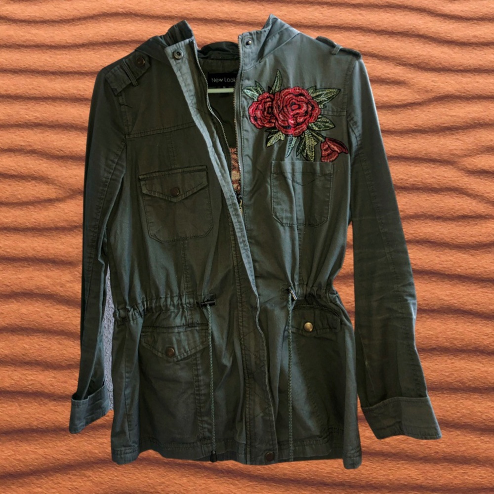 New Look Rose Embroidered Drawstring Army Green Jacket/Coat